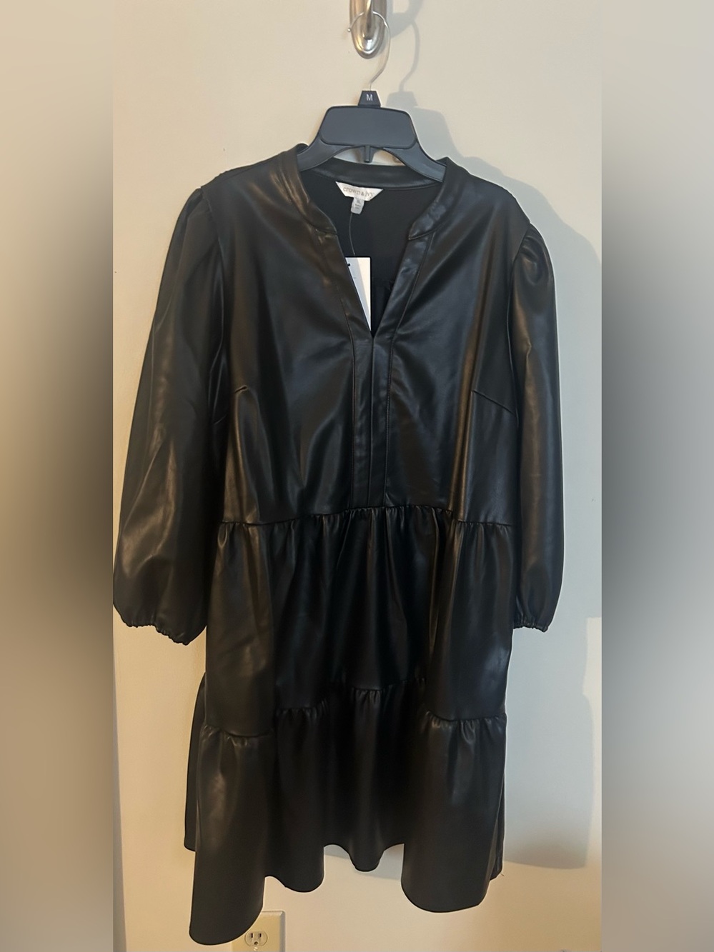 crown & ivy Black Faux Leather Tiered Mini Dress